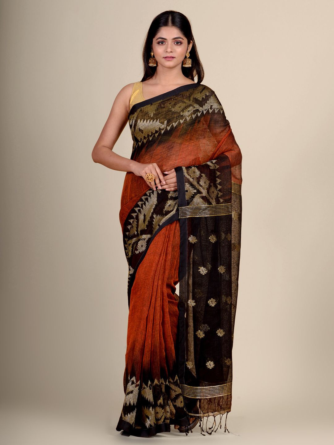 

Charukriti Orange & Black Woven Design Pure Linen Ikat Saree