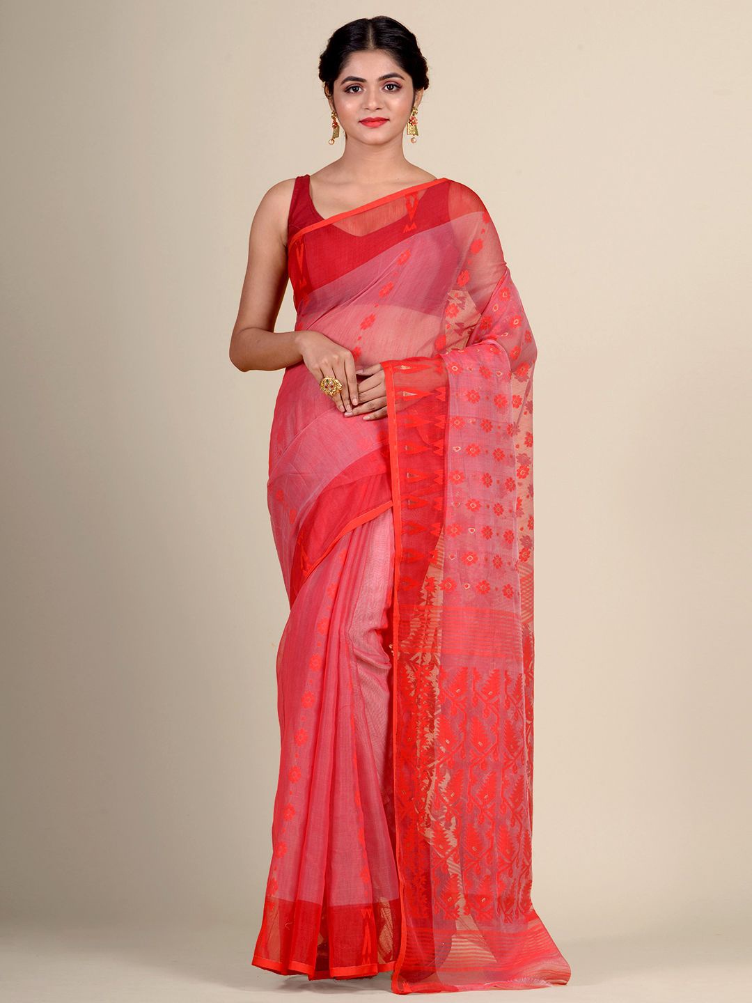 

Charukriti Red Woven Design Silk Cotton Jamdani Saree