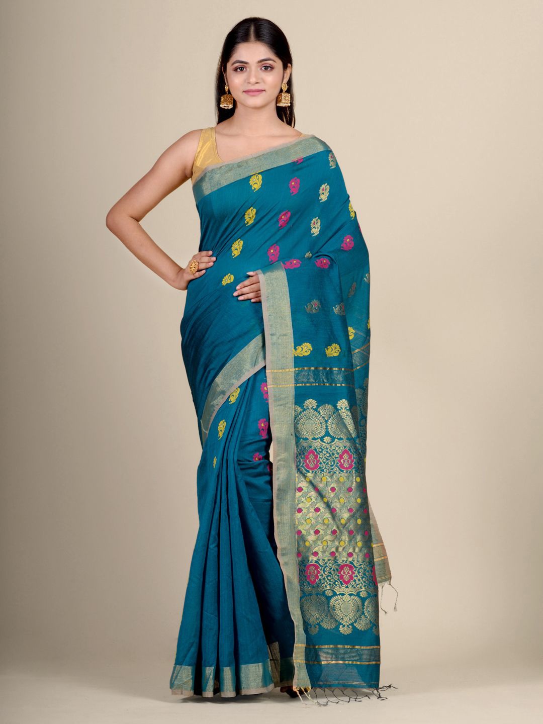 

Charukriti Teal Blue & Pink Woven Design Saree