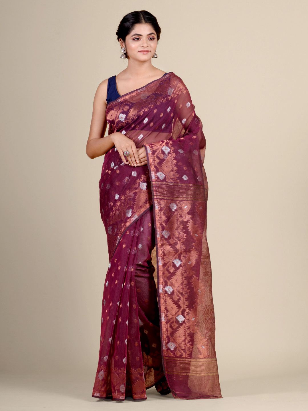 

Charukriti Magenta & Copper-Toned Woven Design Silk Cotton Jamdani Saree