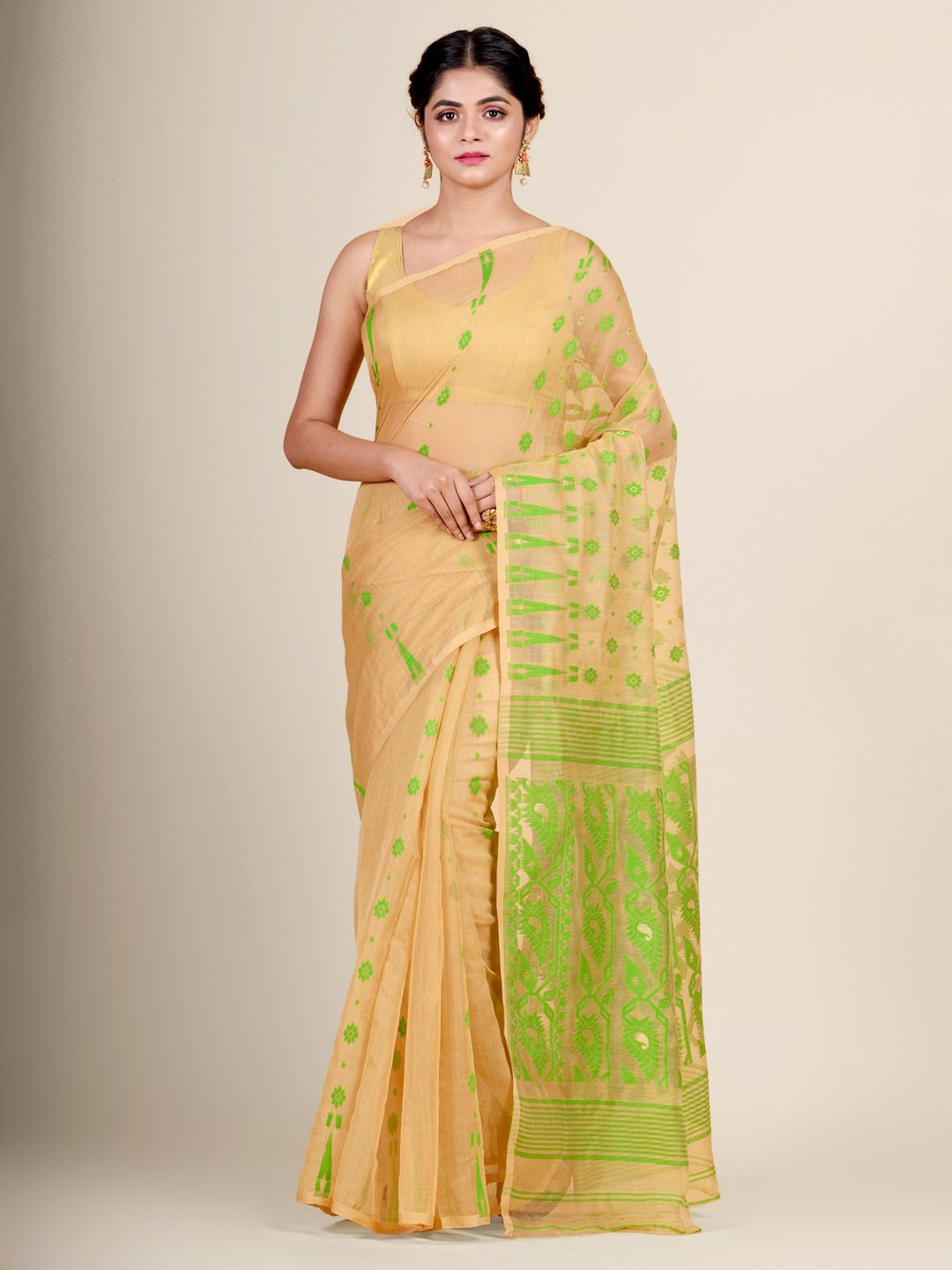 

Charukriti Beige & Green Woven Design Silk Cotton Jamdani Saree