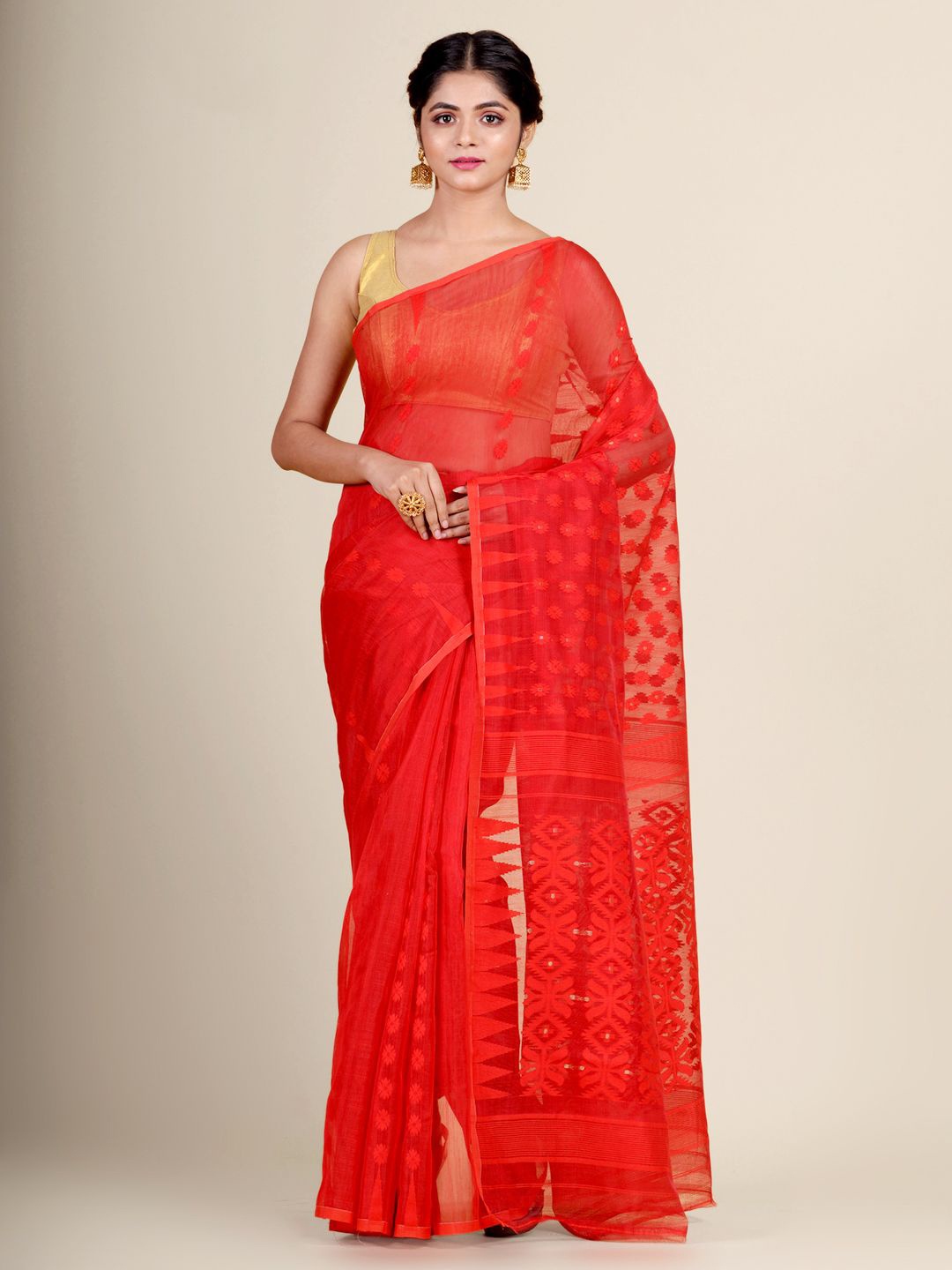 

Charukriti Red Woven Design Silk Cotton Jamdani Saree