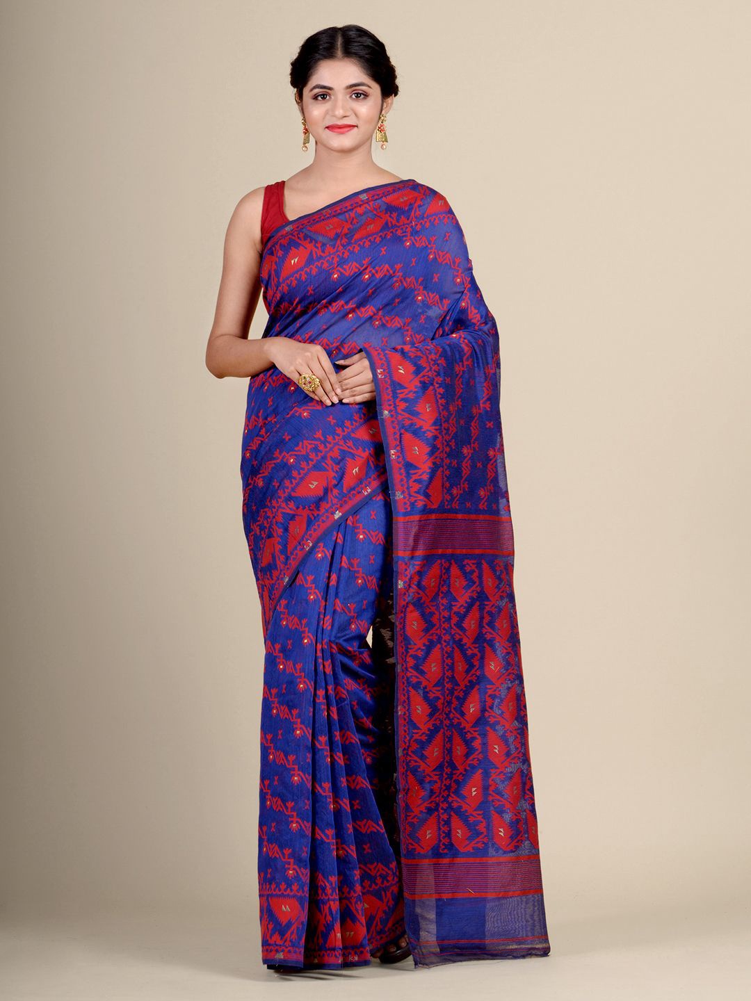 

Charukriti Blue & Red Woven Design Silk Cotton Jamdani Saree