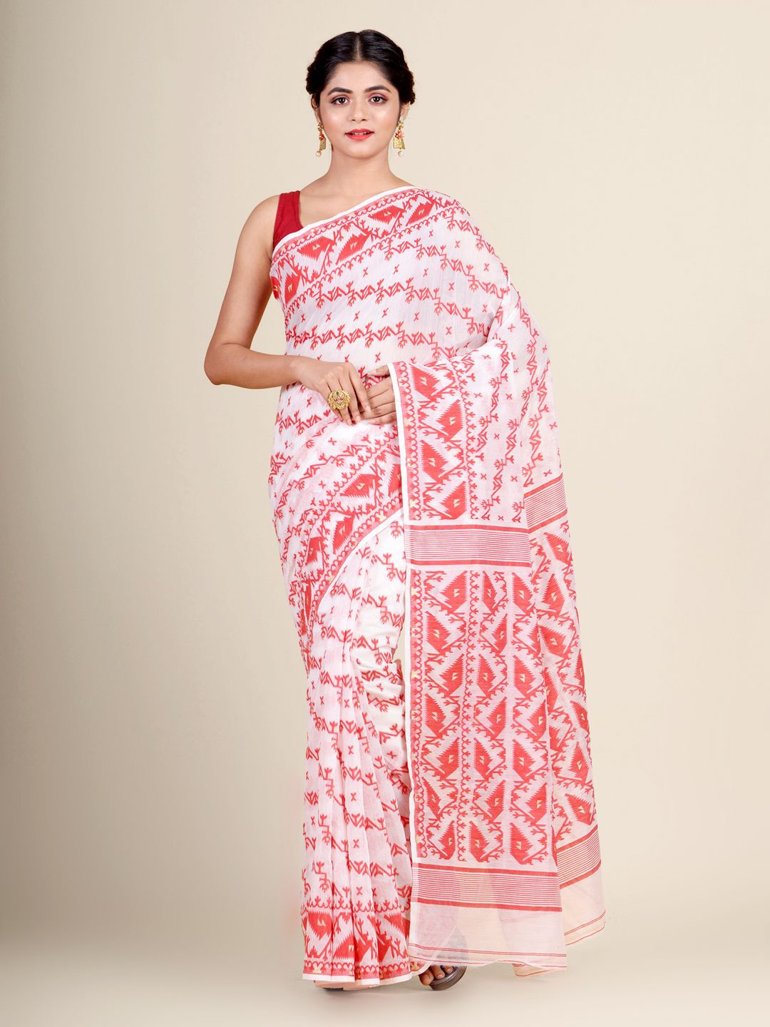 

Charukriti White & Red Woven Design Silk Cotton Jamdani Saree