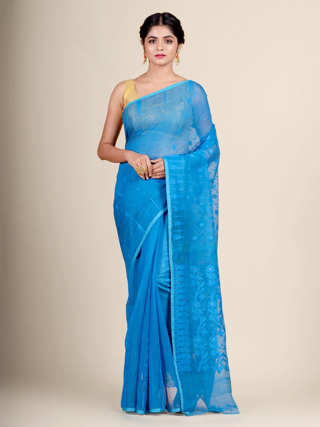 

Charukriti Blue Woven Design Silk Cotton Jamdani Saree