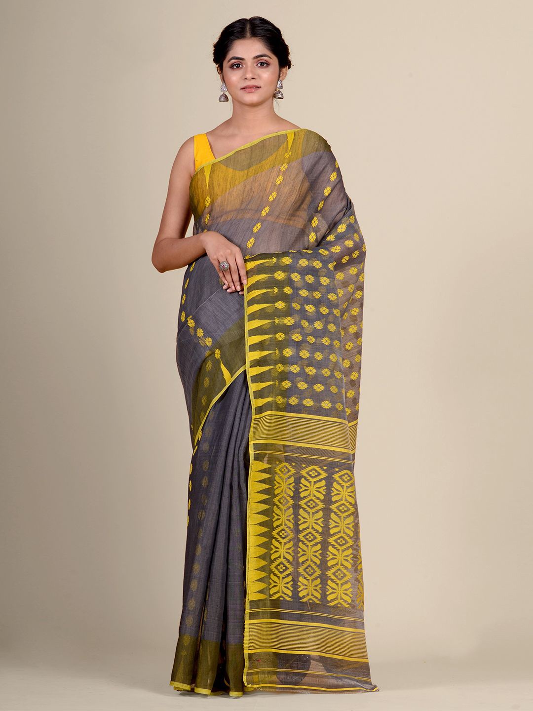 

Charukriti Grey & Yellow Woven Design Silk Cotton Jamdani Saree