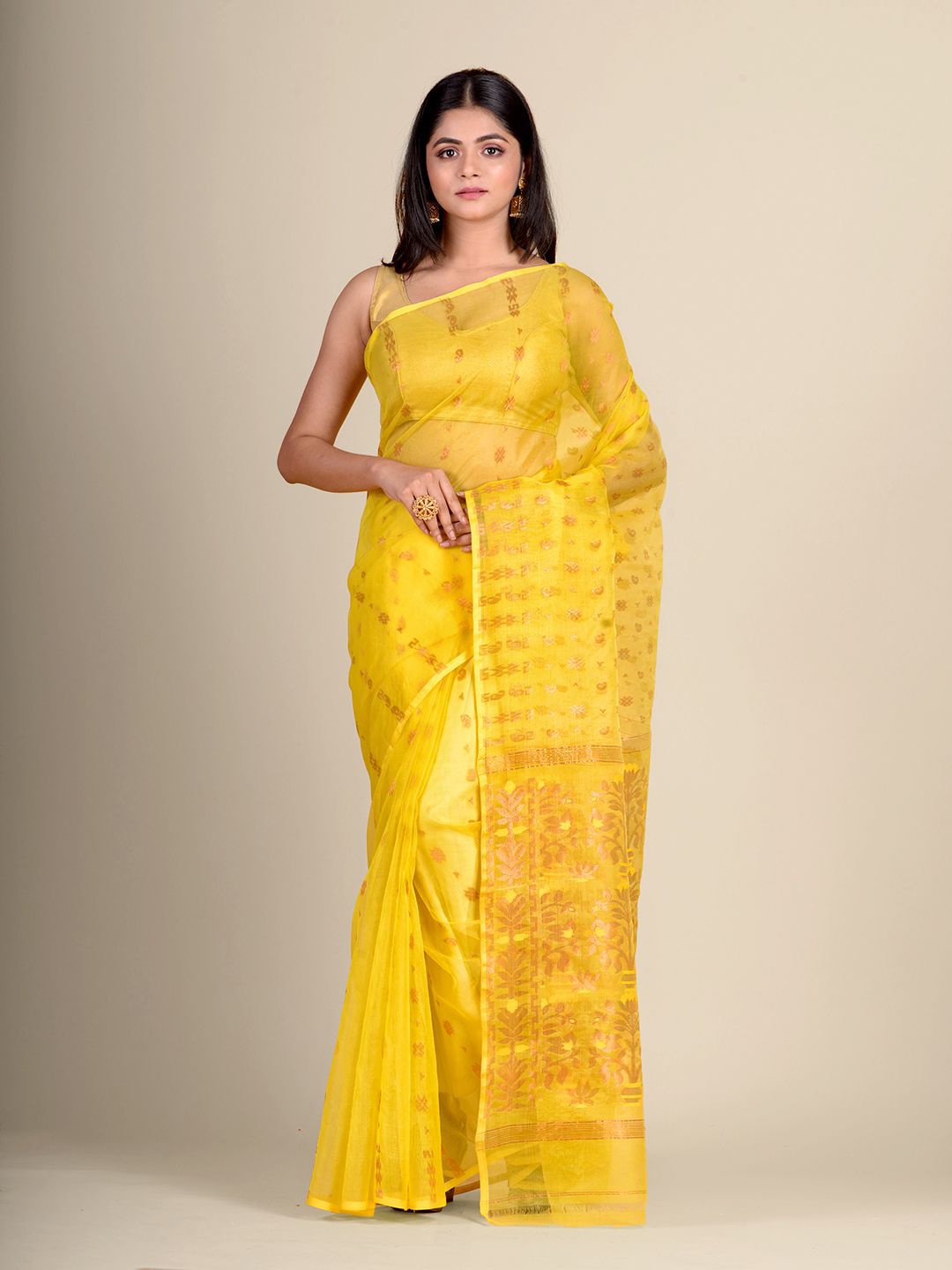 

Charukriti Yellow Woven Design Pure Silk Jamdani Saree