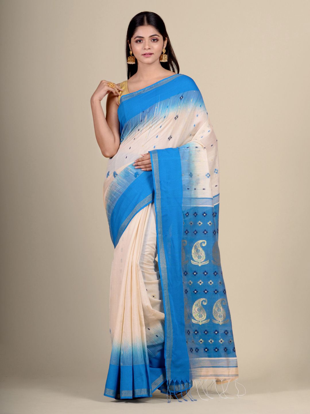 

Charukriti White & Blue Woven Design Pure Cotton Saree