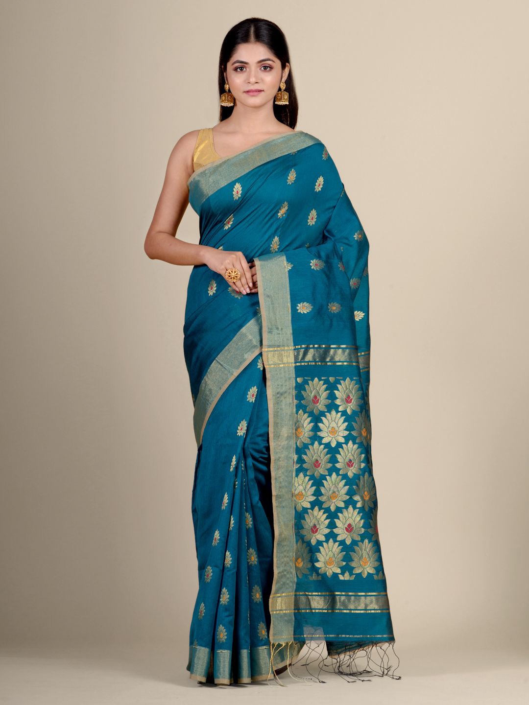 

Charukriti Teal Blue & Gold-Toned Cotton Blended handwoven Zari Saree