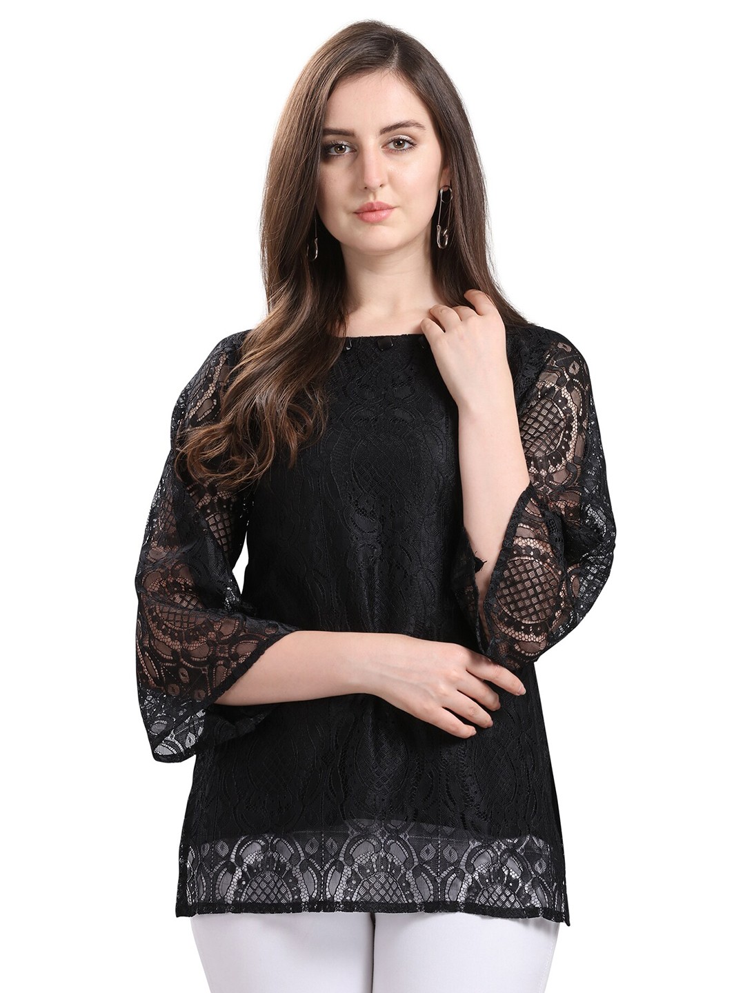 

Selvia Women Black Sheer Net Regular Top