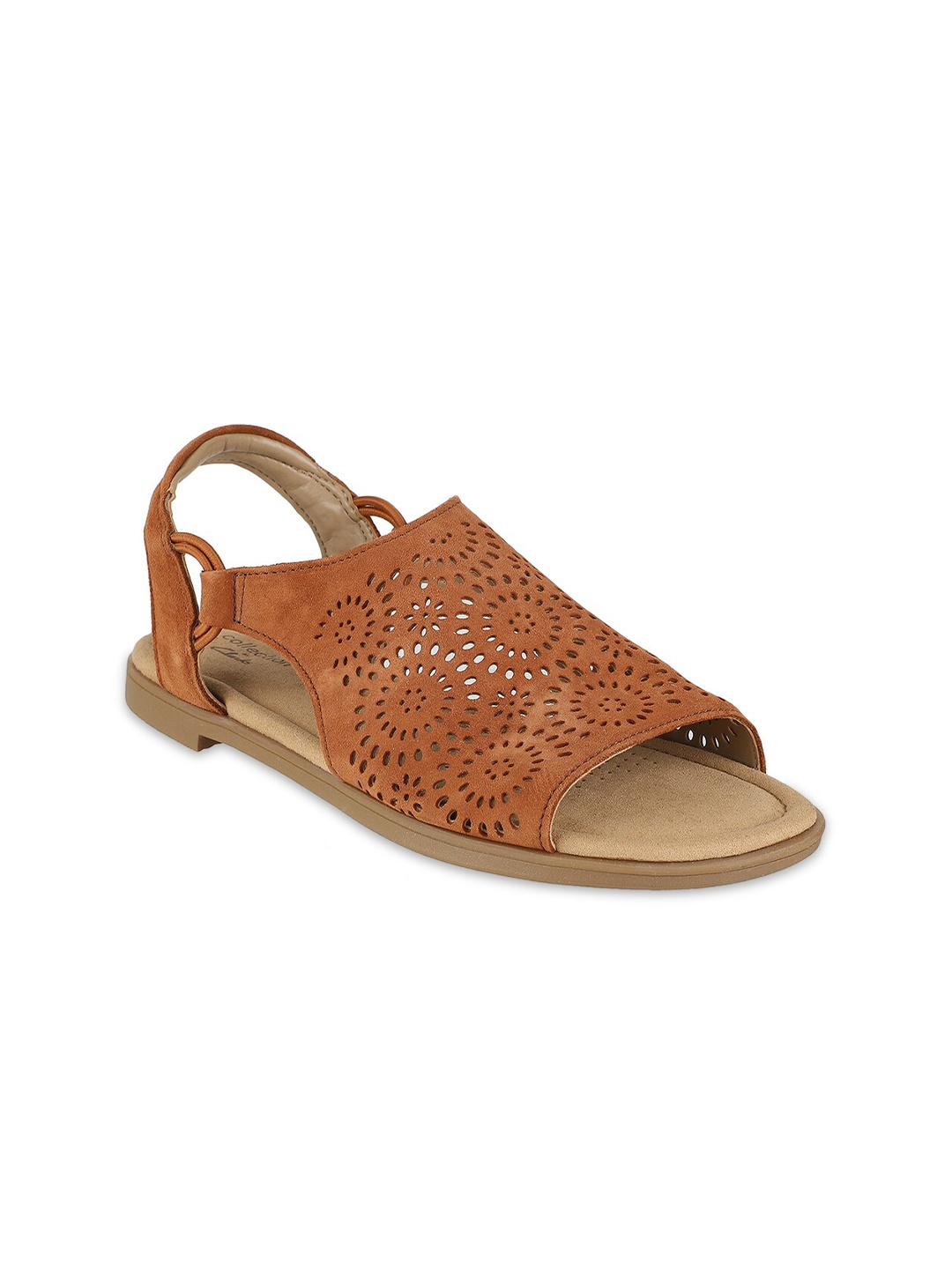 

Clarks Women Tan Brown Suede Laser Cuts Open Toe Flats