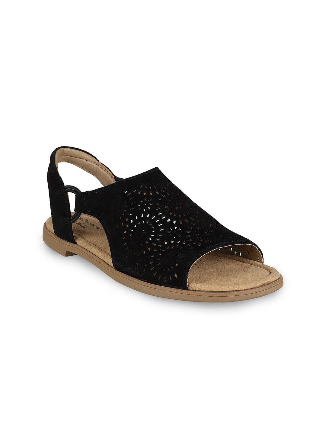 

Clarks Women Black Suede Laser Cuts Open Toe Flats