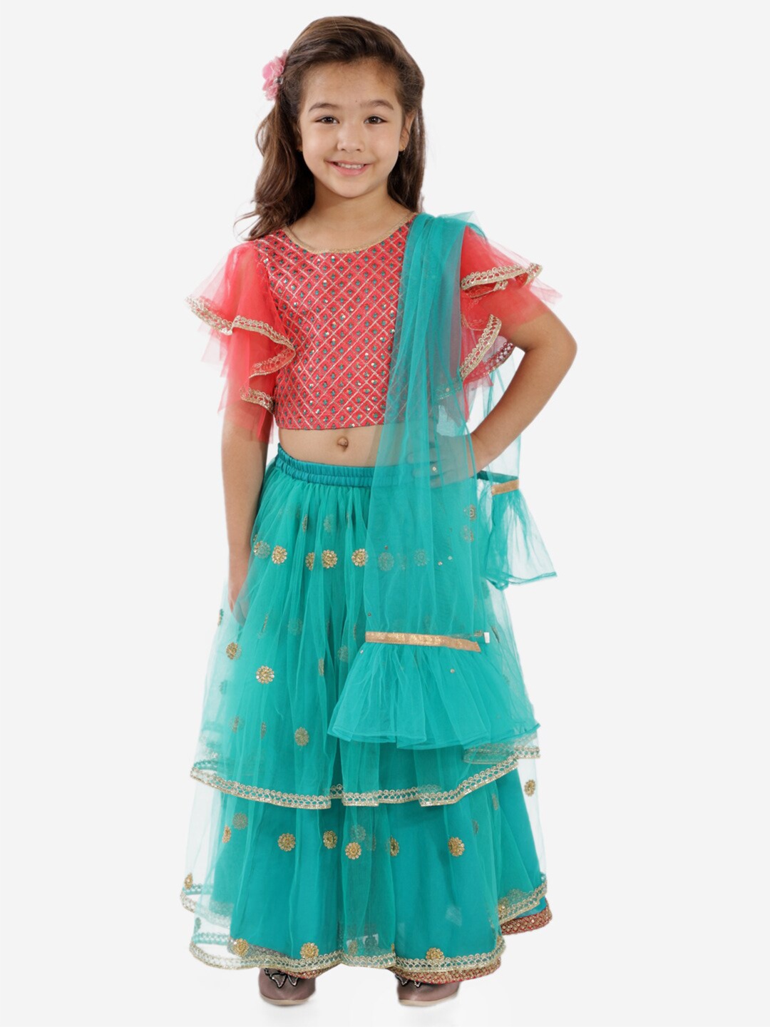 

KID1 Girls Peach-Coloured & Turquoise Blue Ready to Wear Lehenga & Blouse With Dupatta