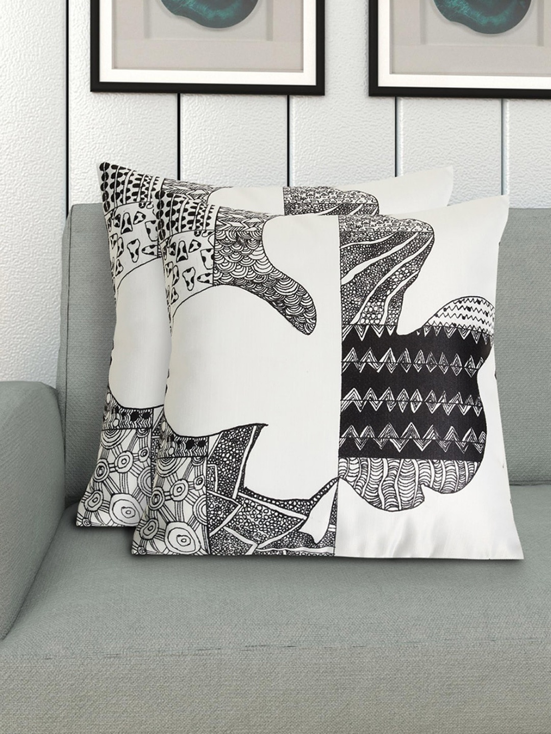 

Home Centre Set Of 2 Black & White Abstract Printed Square Cushion Cover