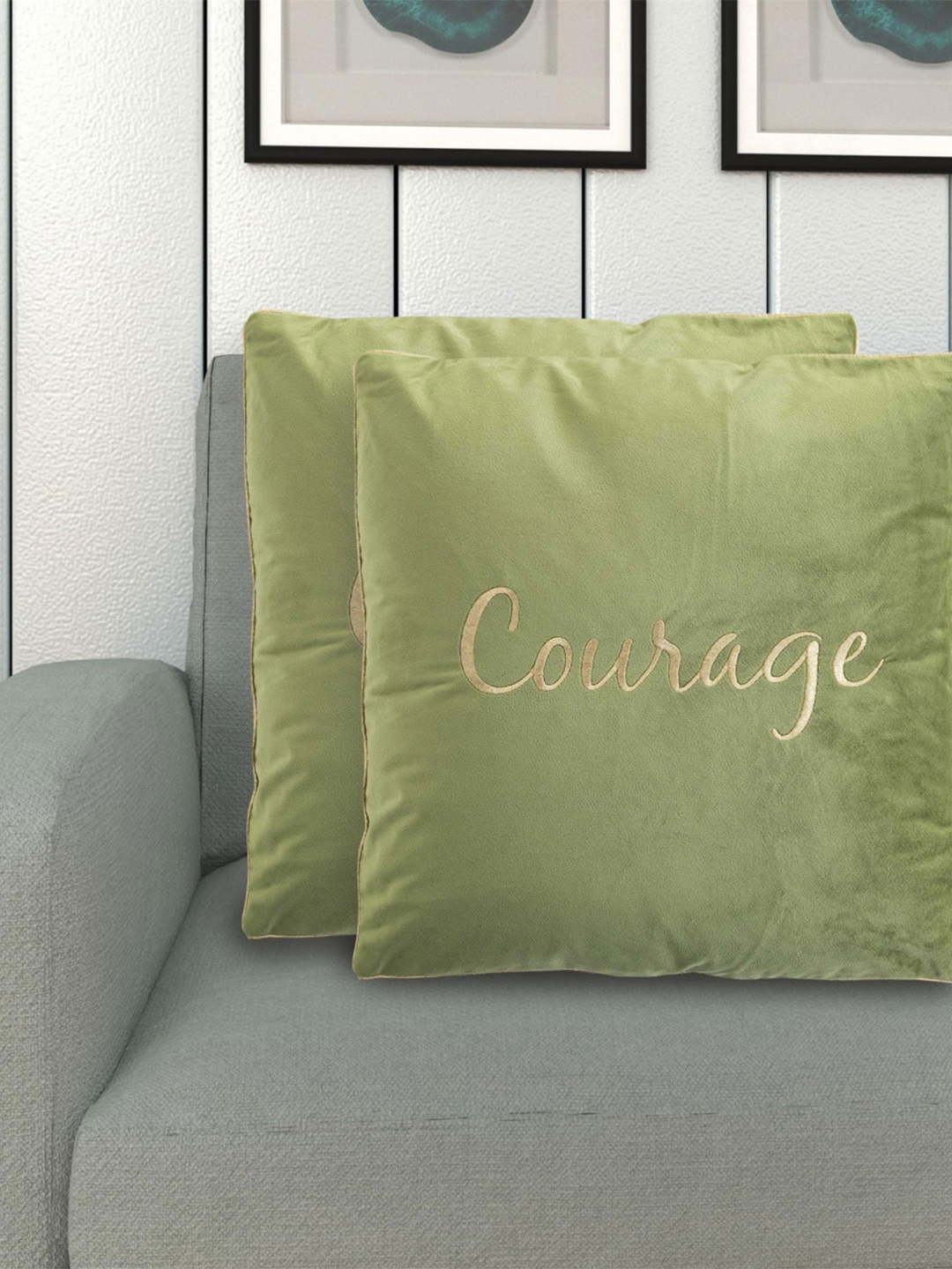 

Home Centre Set Of 2 Green Embroidered Square Cushion Cover