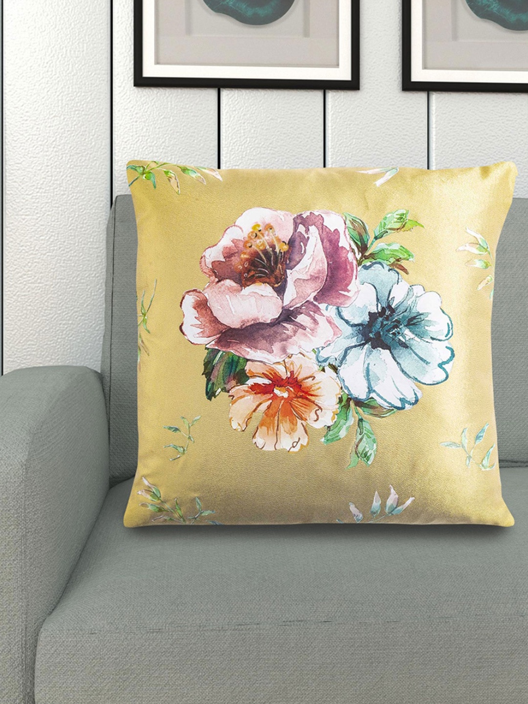 

Home Centre Yellow Floral Printed Square Cushion Cover