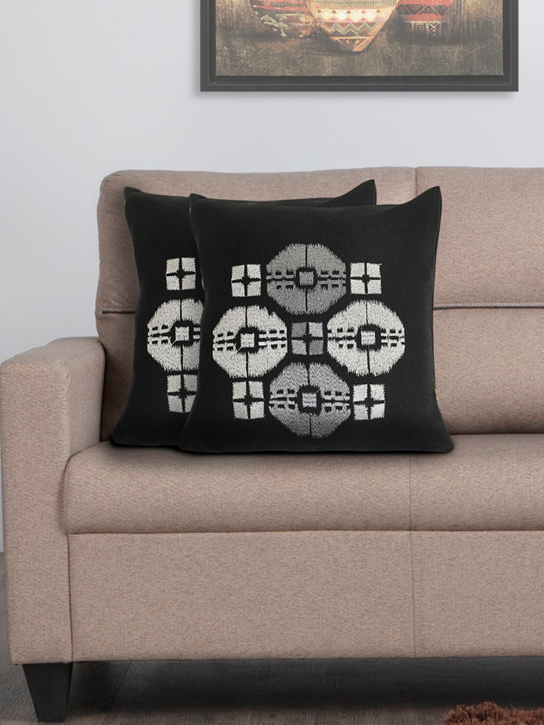 

Home Centre Set of 2 Black Embroidered Square Cushion Covers