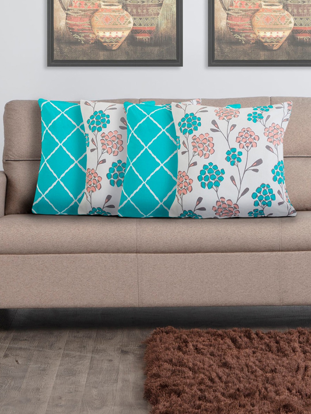 

Home Centre Set of 4 Multicolour Floral Printed Square Cushion Covers, White