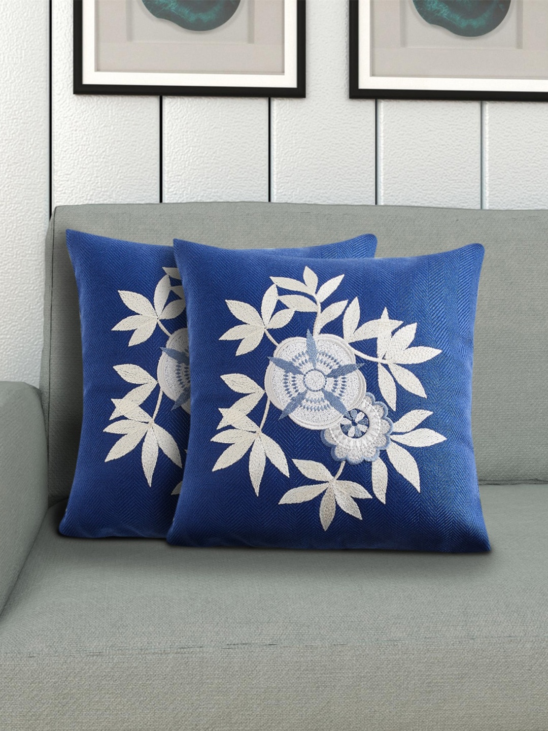 

Home Centre Set of 2 Blue Embroidered Square Cushion Cover