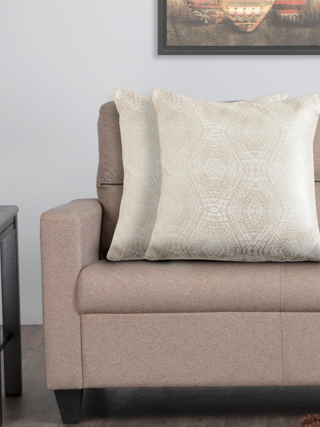 

Home Centre Set Of 2 Beige Foil Printed Square Cushion Covers