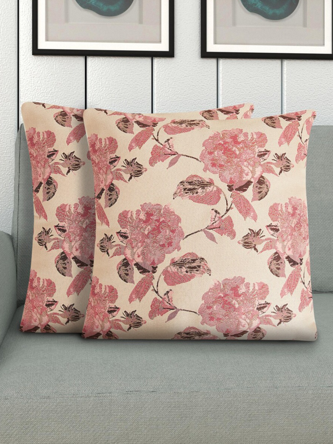

Home Centre Set Of 2 Peach-coloured Floral Printed Square Cushion Cover