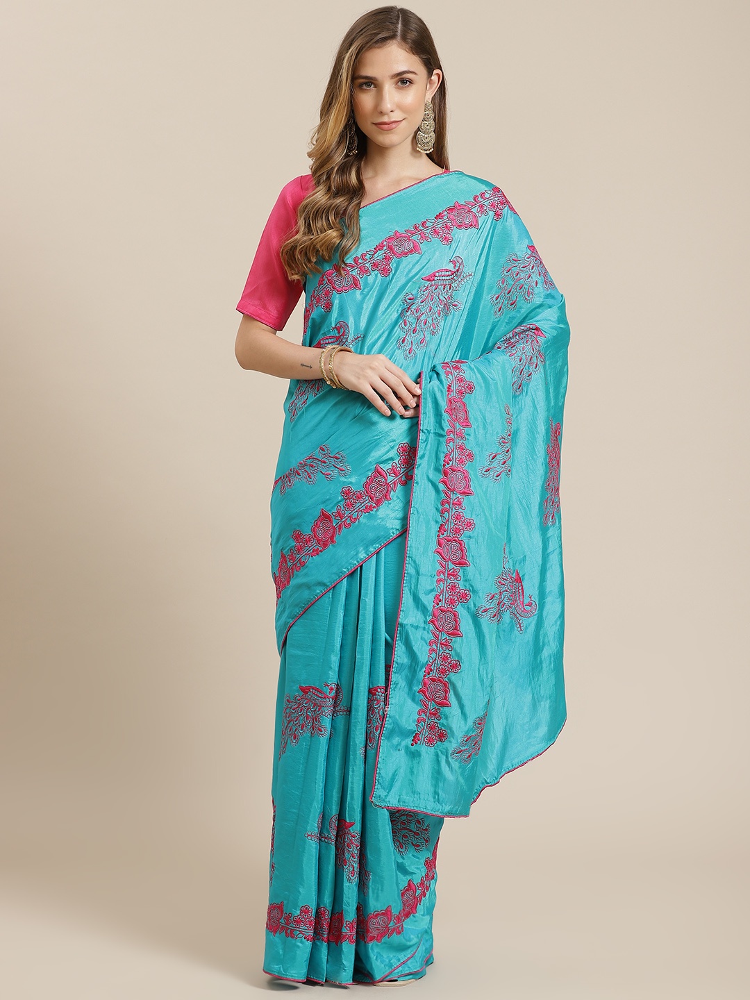 

Mitera Turquoise Blue & Pink Embroidered Saree