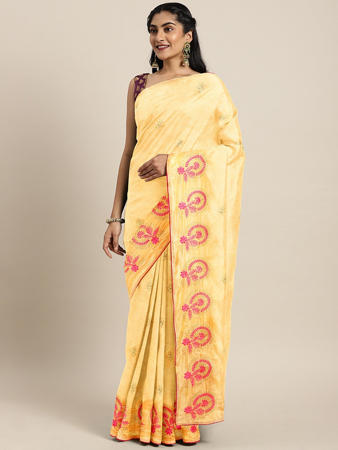 

KALINI Yellow & Pink Floral Embroidered Zari Silk Blend Saree