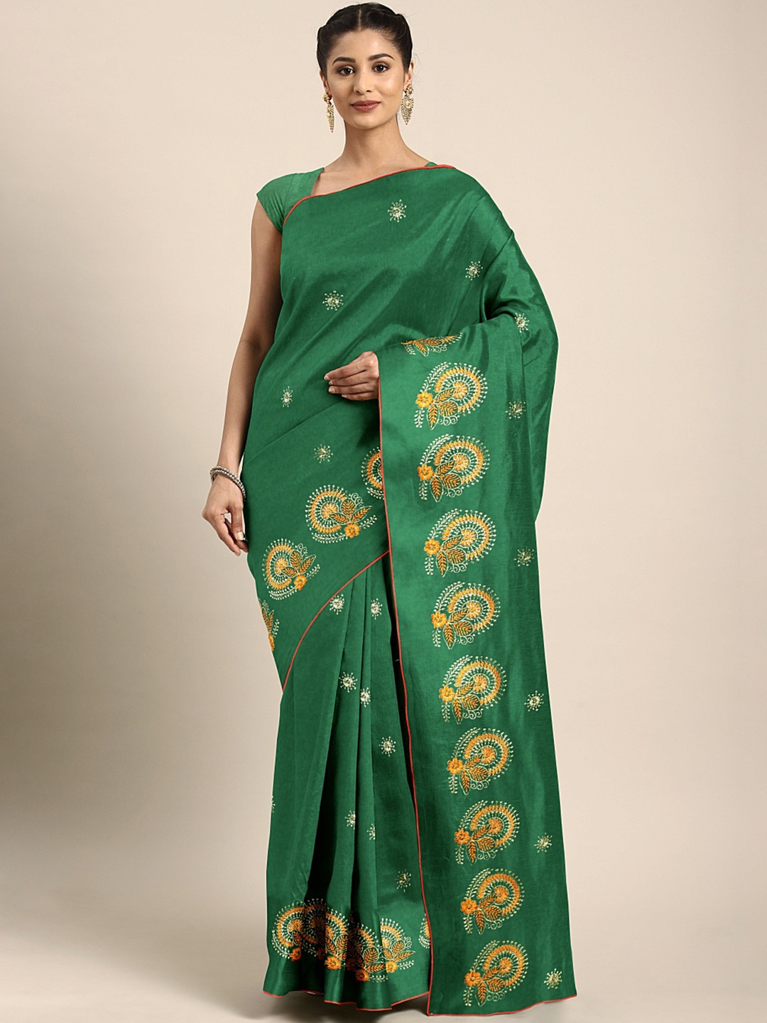 

KALINI Green Floral Embroidered Zari Silk Blend Saree