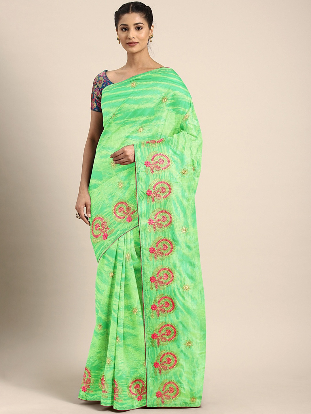 

KALINI Fluorescent Green & Pink Floral Embroidered Zari Silk Blend Saree