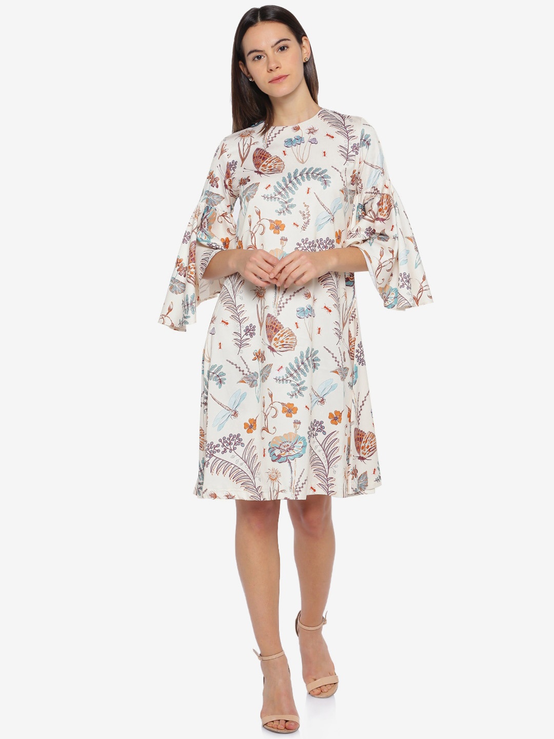 

Emmyrobe Grey & White Floral Printed Bell Sleeved Satin A-Line Dress