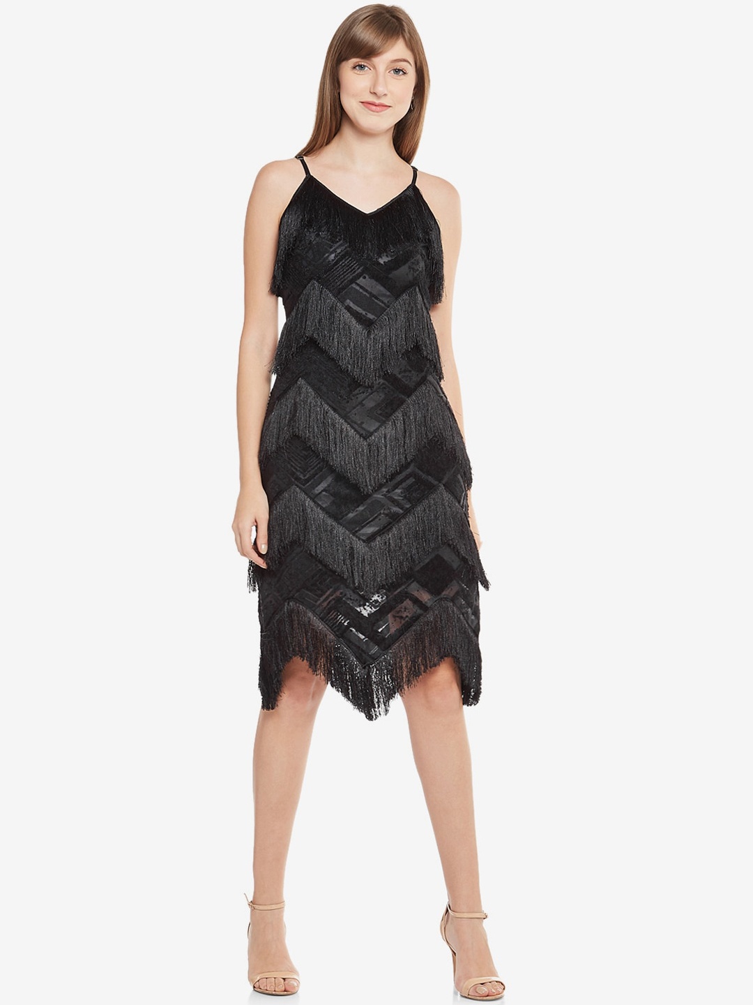 

Emmyrobe Ruffled Fringe Spaghetti Sleeved Sheath Dress, Black