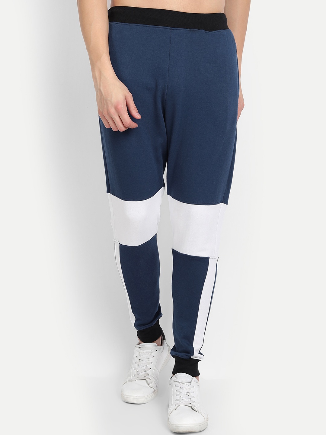 

BE AWARA Men Blue & White Colourblocked Cotton Straight-Fit Joggers