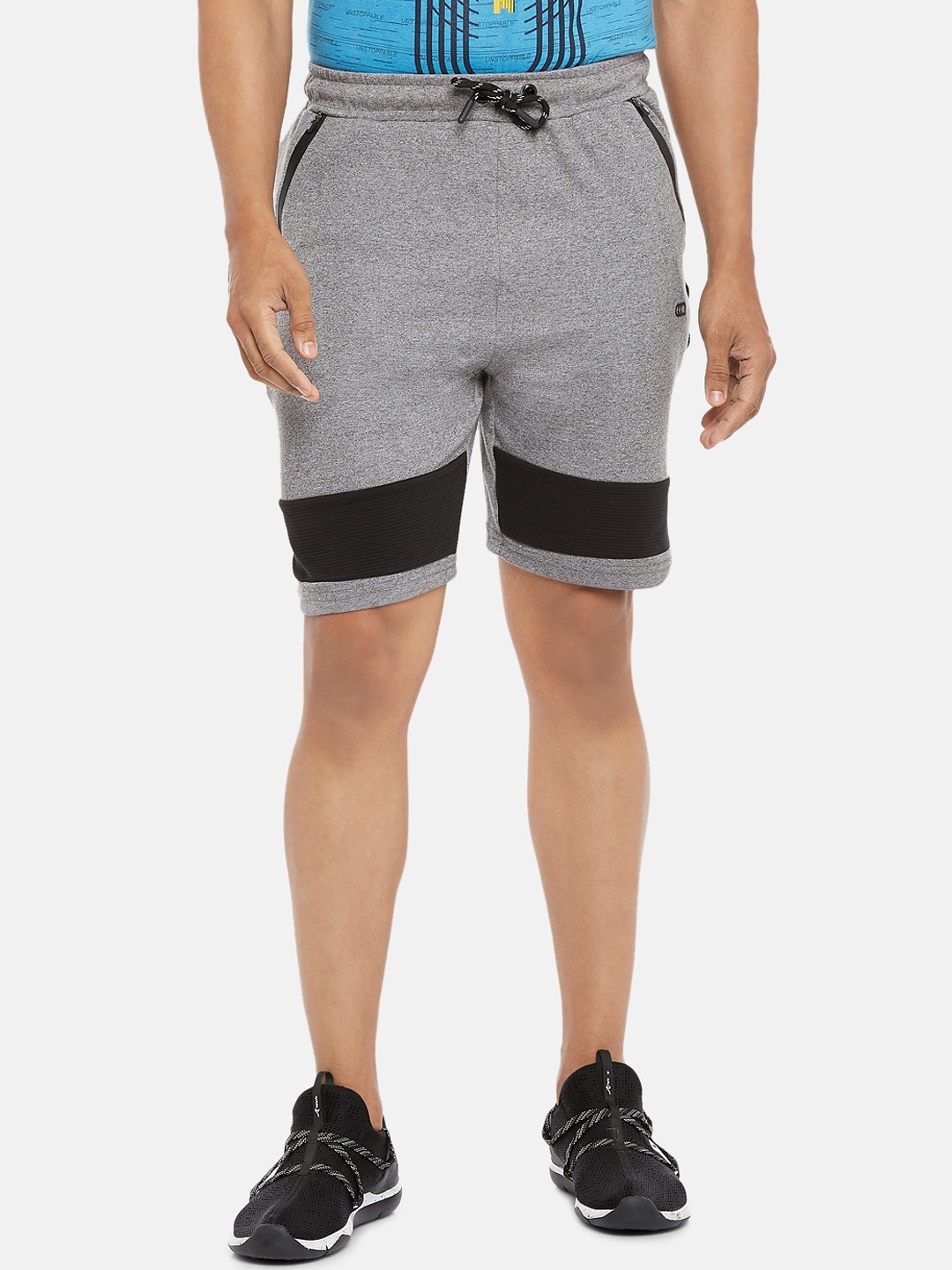 

Ajile by Pantaloons Men Grey Melange Colourbocked Pure Cotton Slim Fit Sports Shorts