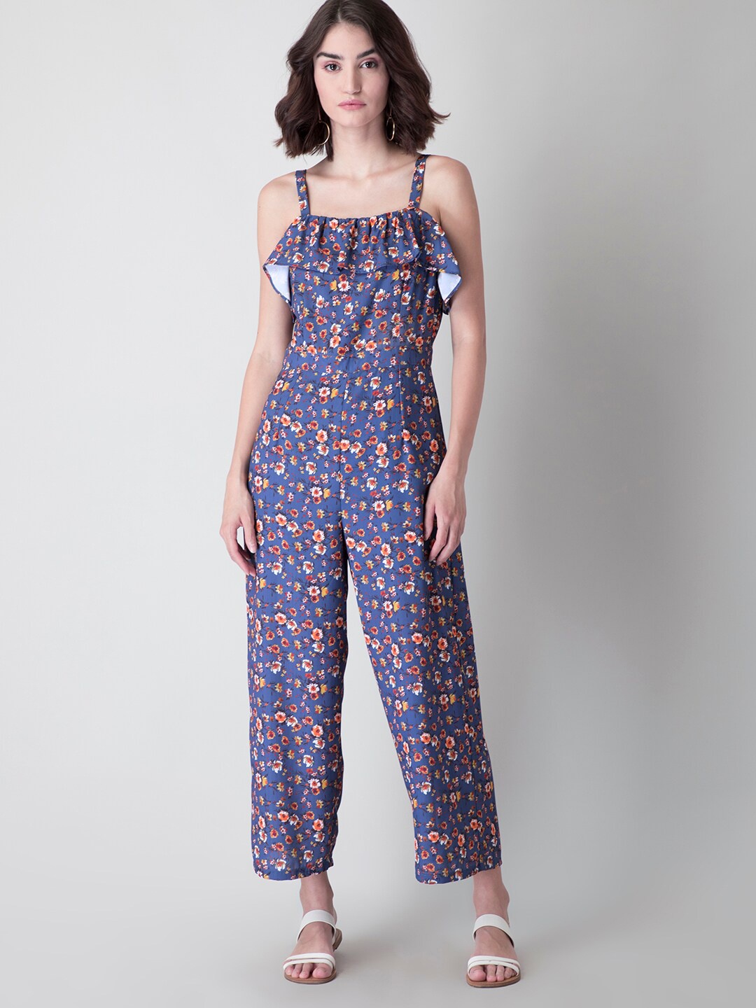 

FabAlley Blue & Yellow Printed Ruffled Basic Jumpsuit