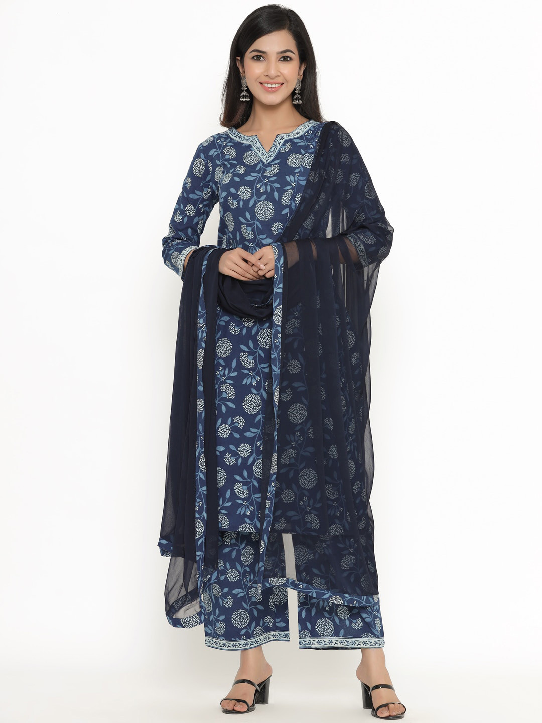 

Aprique FAB Women Navy Blue Floral Printed Pure Cotton Kurta With Trousers & Dupatta