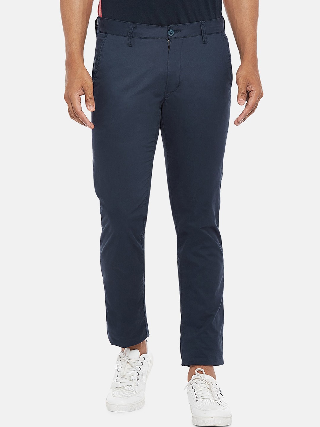 

BYFORD by Pantaloons Men Navy Blue Slim Fit Low-Rise Pure Cotton Trousers