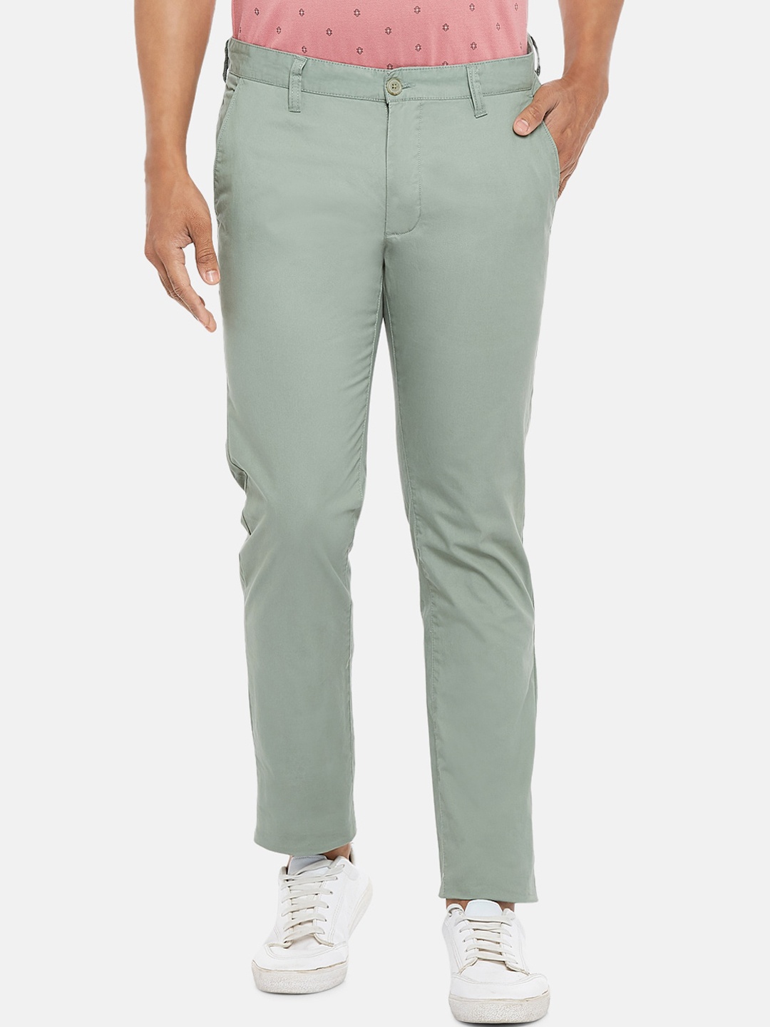 

BYFORD by Pantaloons Men Green Slim Fit Low-Rise Pure Cotton Trousers