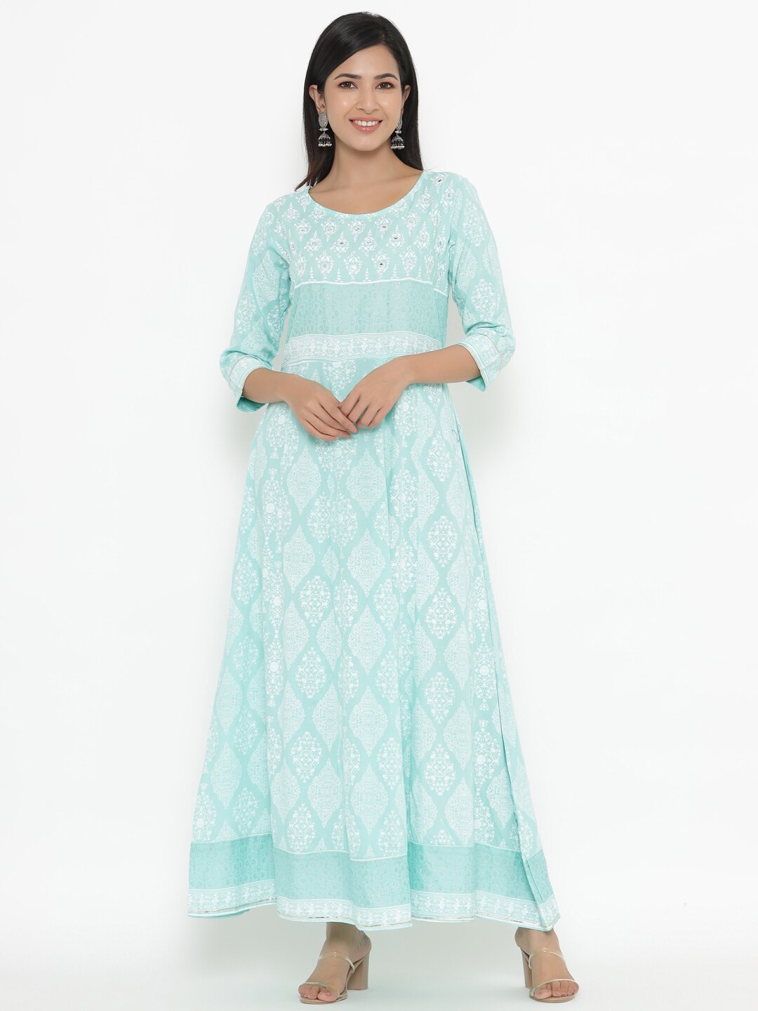

UNISETS Turquoise Blue & White Ethnic Motifs Printed Mirror Work Round Neck Anarkali Kurti