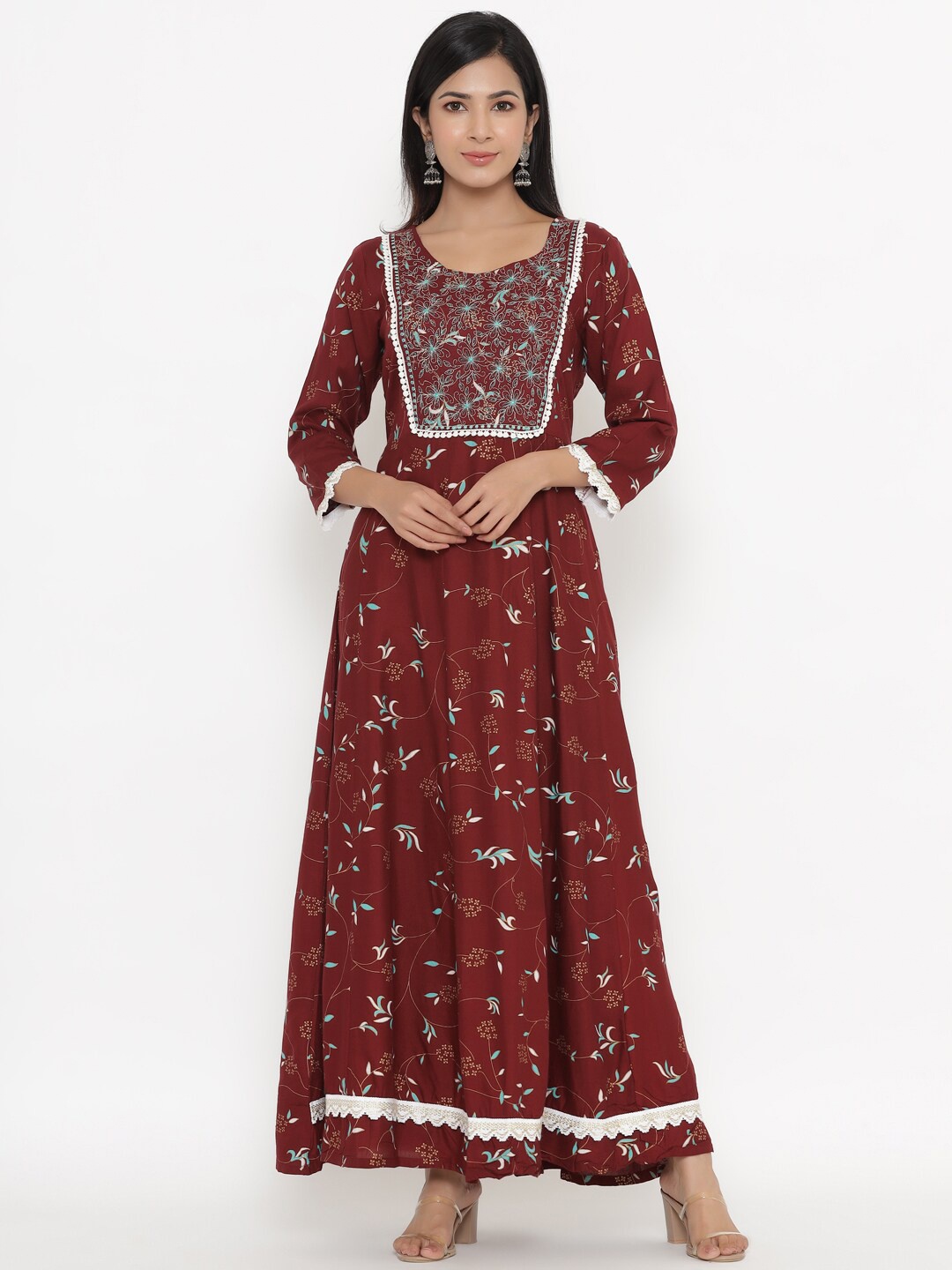 

UNISETS Women Brown & Teal Floral Motifs Printed Round Neck Anarkali Kurti
