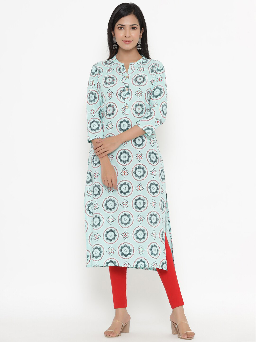 

UNISETS Women Turquoise Blue & Black Geometric Motifs Printed Round Neck Straight Kurti