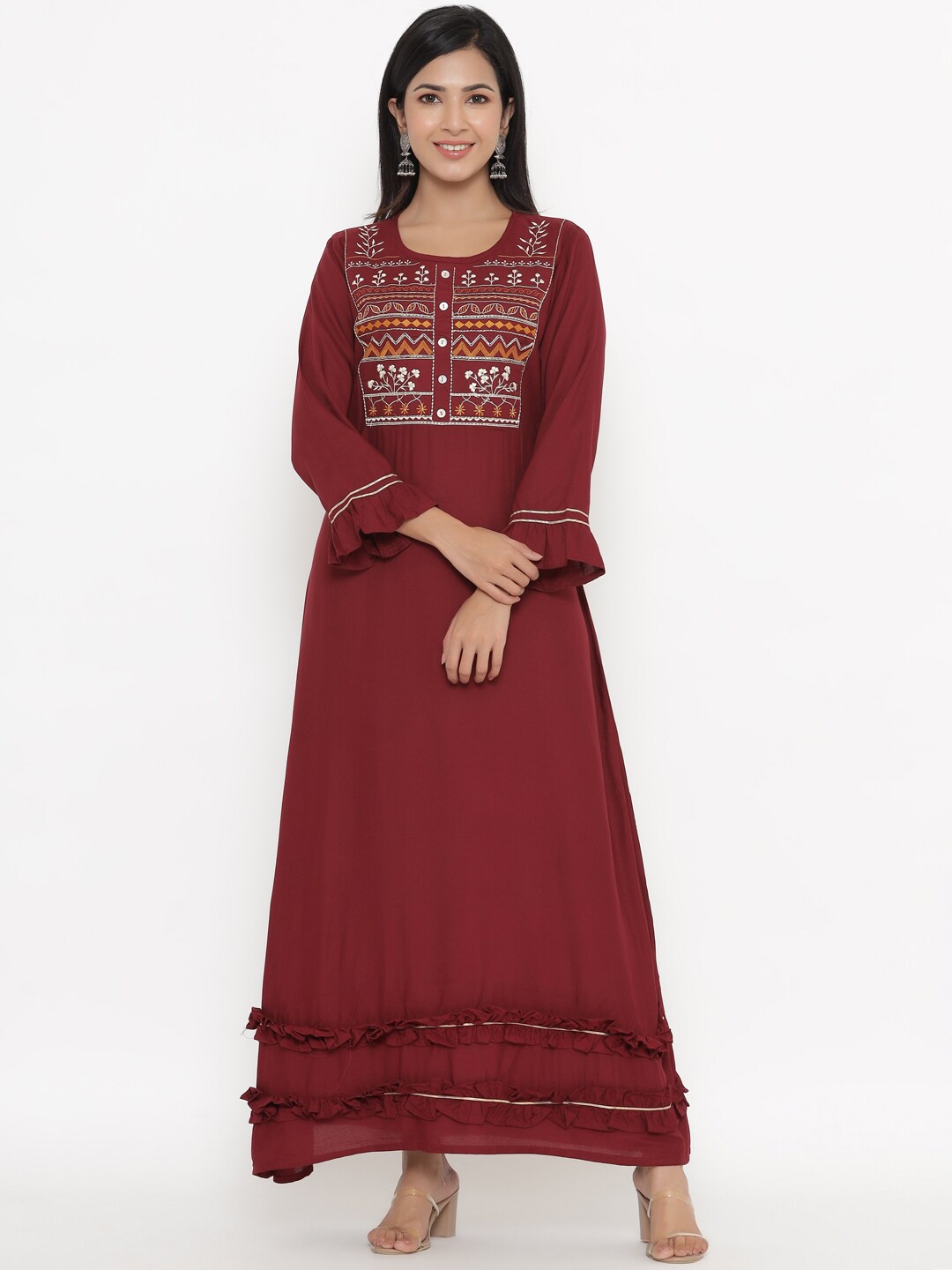 

UNISETS Women Magenta & Mustard Yellow Ethnic Motifs Embroidered Round Neck Anarkali Kurti