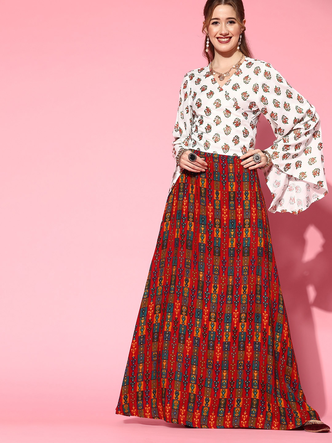 

InWeave Women White Printed Top With Printed Skirt
