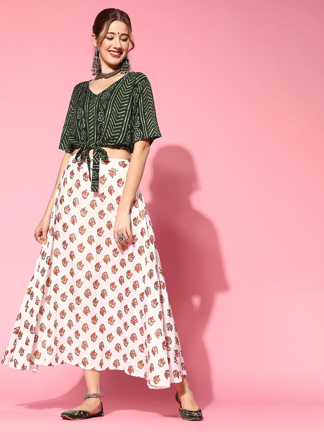 

InWeave Women Gorgeous Green Printed Top with Printed Skirt