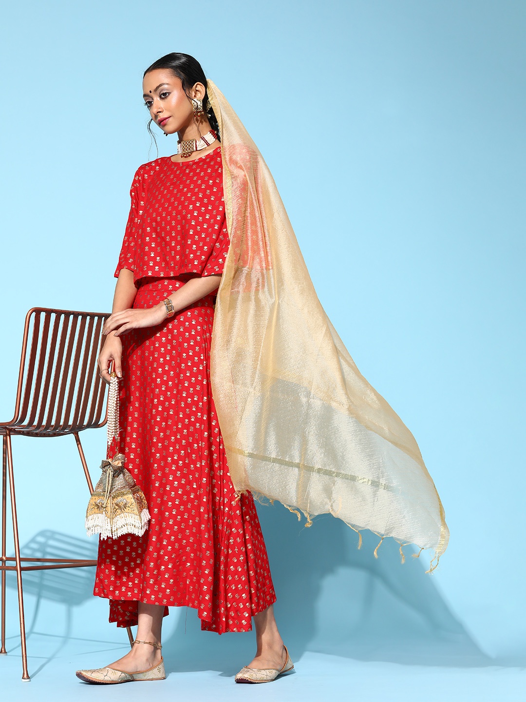 

InWeave Women Gorgeous Red Printed Top with Skirt