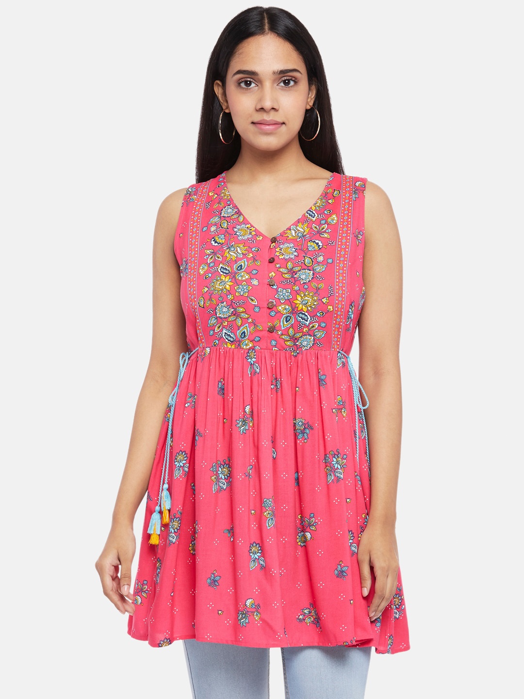 

People Women Pink & Blue Floral Motifs Printed Tunic