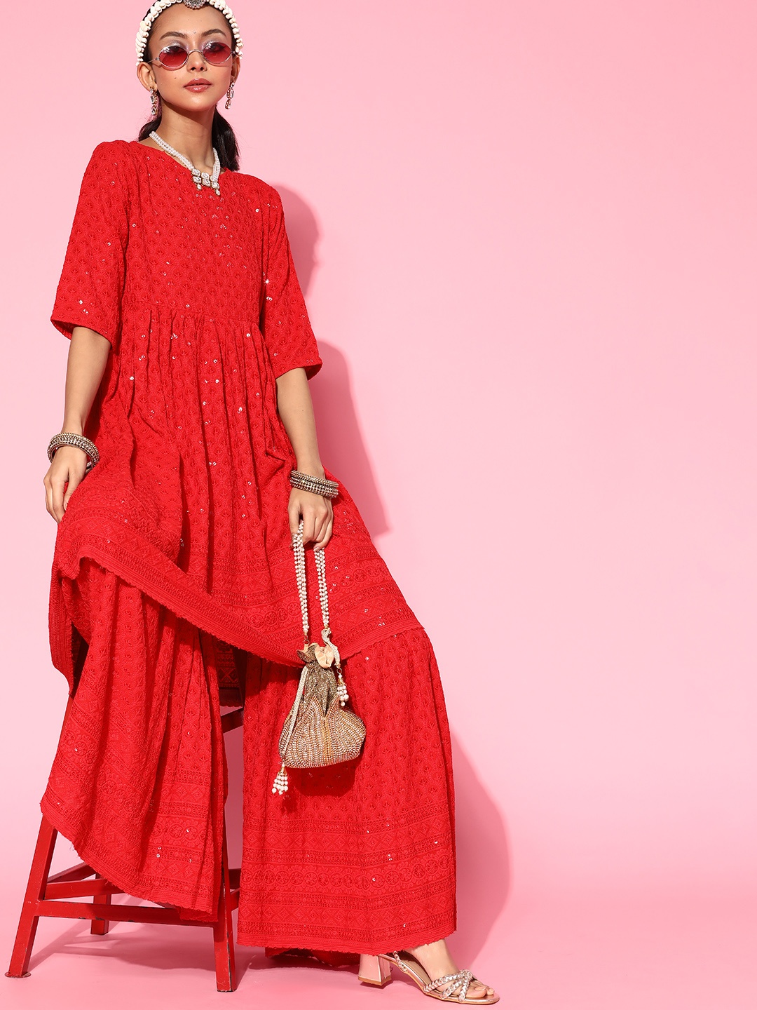

InWeave Women Red Ethnic Motifs Embroidered Empire Sequinned Kurti with Sharara
