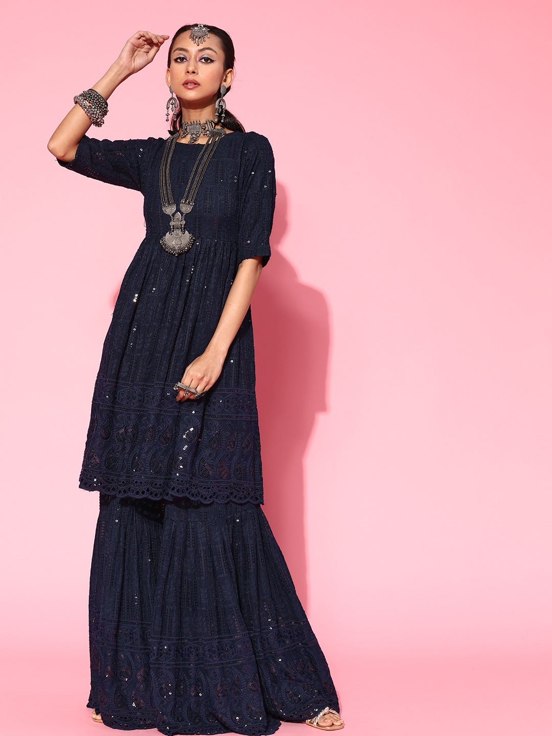 

InWeave Ethnic Motifs Viscose Rayon Kurta Set, Navy blue