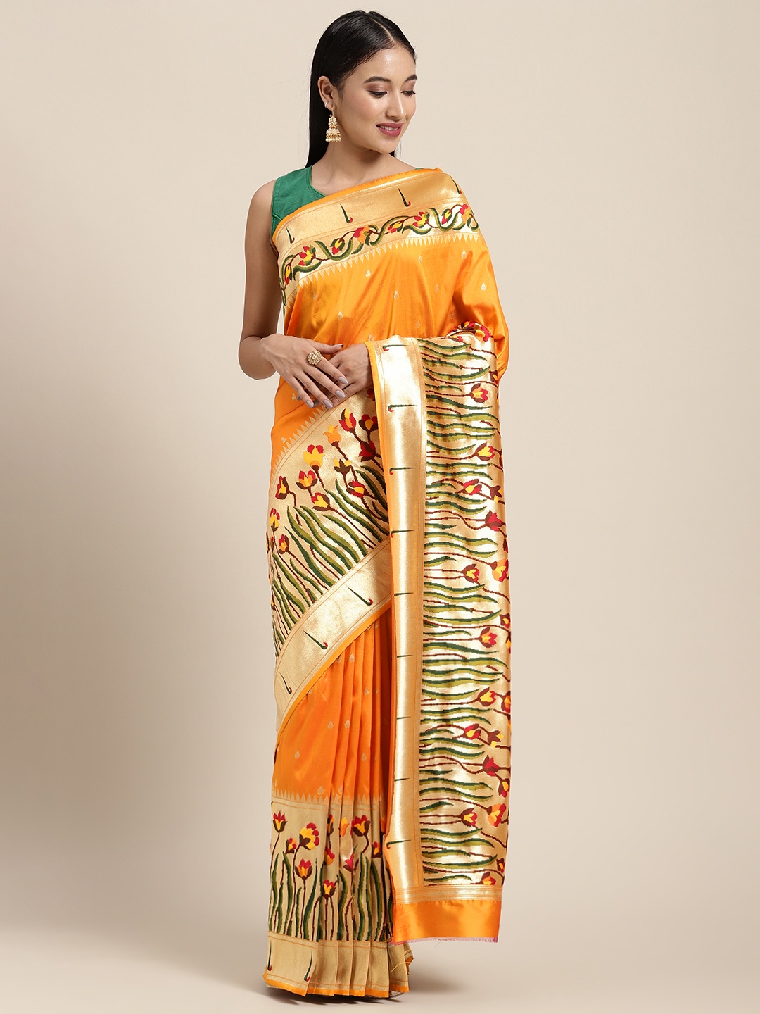 

Neerus Mustard Yellow Floral Zari Pure Silk Saree