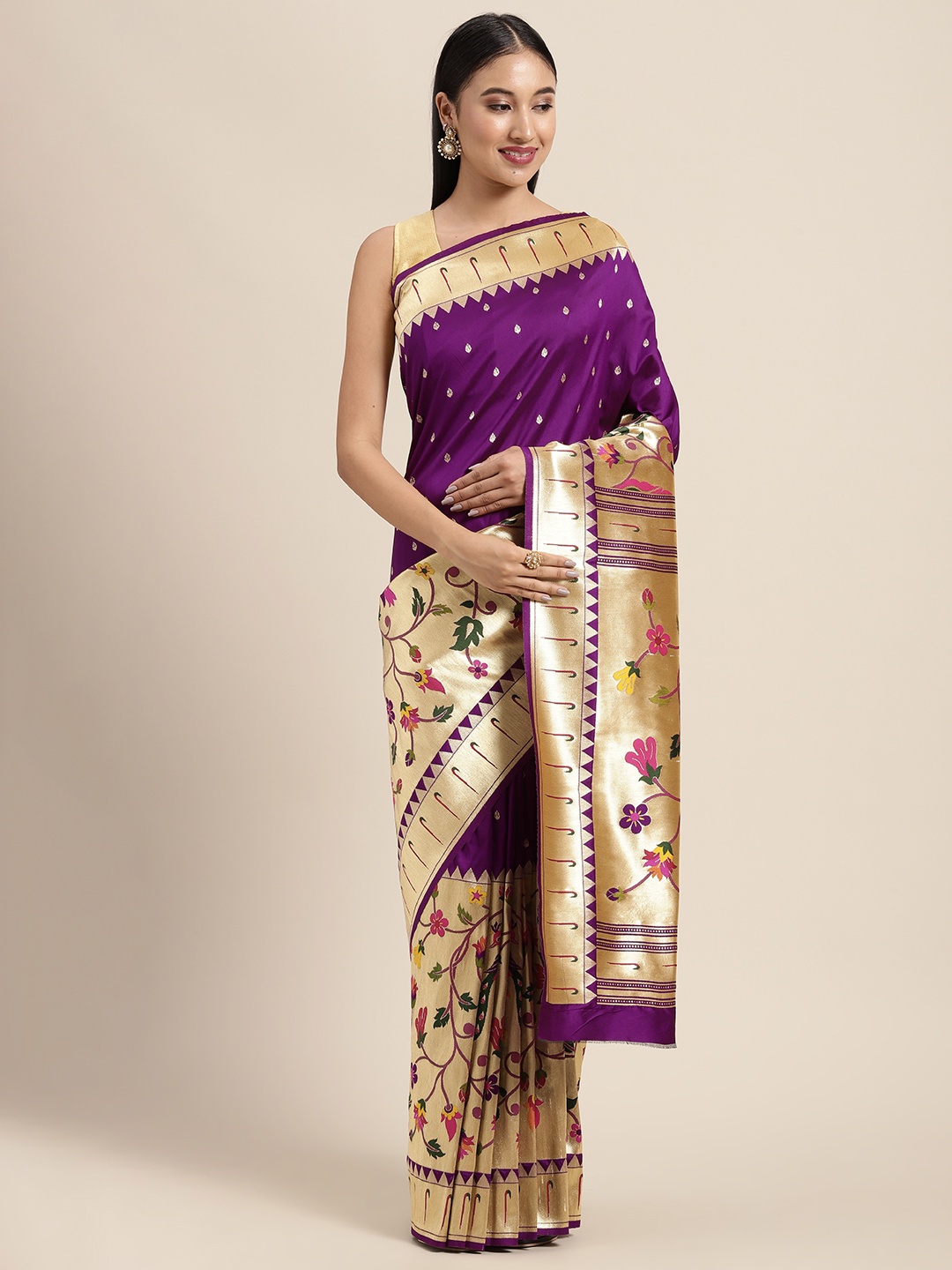 

Neerus Purple Floral Zari Pure Silk Saree