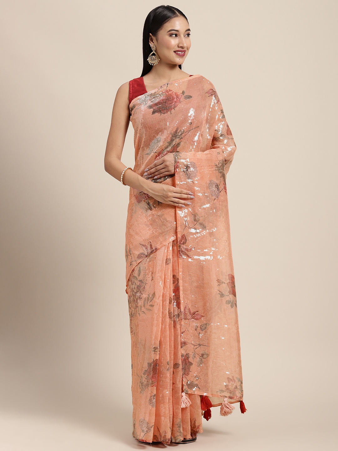 

Neerus Orange Floral Sequinned Organza Saree
